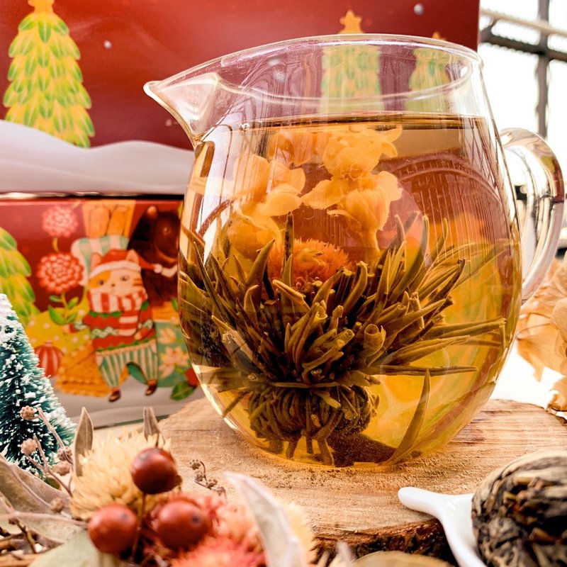 W2 [New Year Charity Gift Box] Unhidden Flowering Tea Comprehensive 10-piece Large Can + Glass Teapot Tea Set Gift - Tea - Fresh Ingredients Multicolor