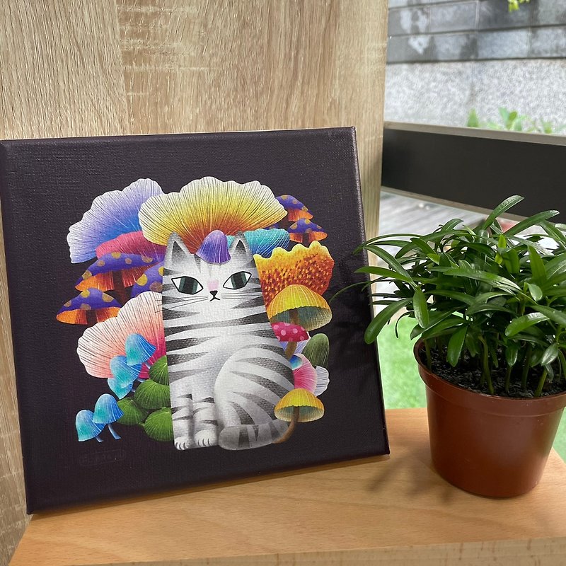 Mushroom kitty | 20*20cm  frameless painting - โปสเตอร์ - ผ้าฝ้าย/ผ้าลินิน สีม่วง
