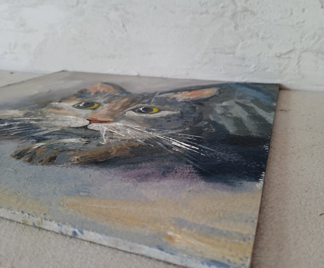 灰色の猫の絵オリジナルアート油絵ペットの肖像画 20*20 センチ 灰色の猫の絵オリジナルアート油絵ペットの肖像画 20*20 センチ