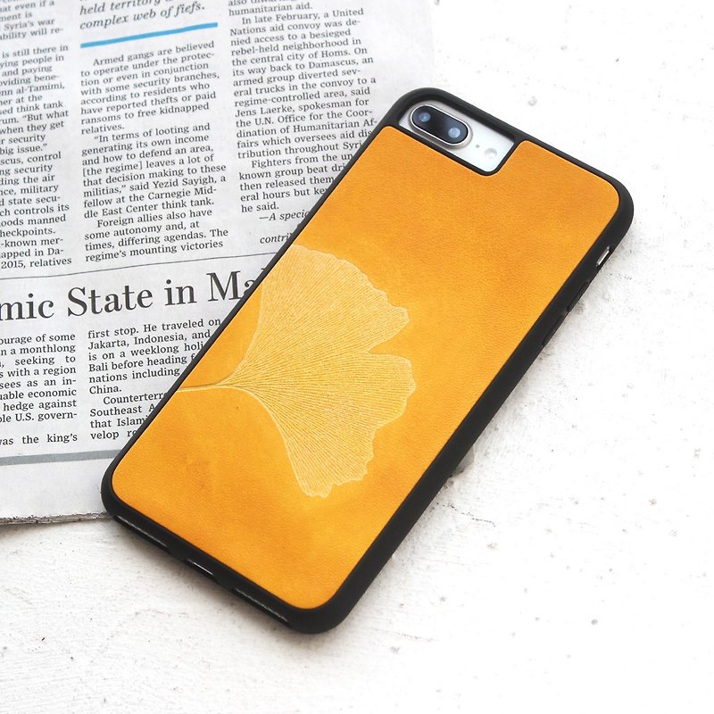 黃茶銀杏葉iphone11 pro 78 plus x xs max xr 皮革手機殼 保護殼 - 手機殼/手機套 - 真皮 黃色