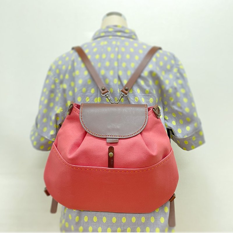 Plump canvas backpack/bag (with inner bag, hand-sewn) - กระเป๋าเป้สะพายหลัง - ผ้าฝ้าย/ผ้าลินิน สึชมพู