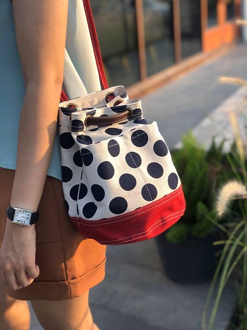 underlinebagsandmore Mini Red Polka Dot Canvas Bucket Bag with strap /Leather Handles /Daily use