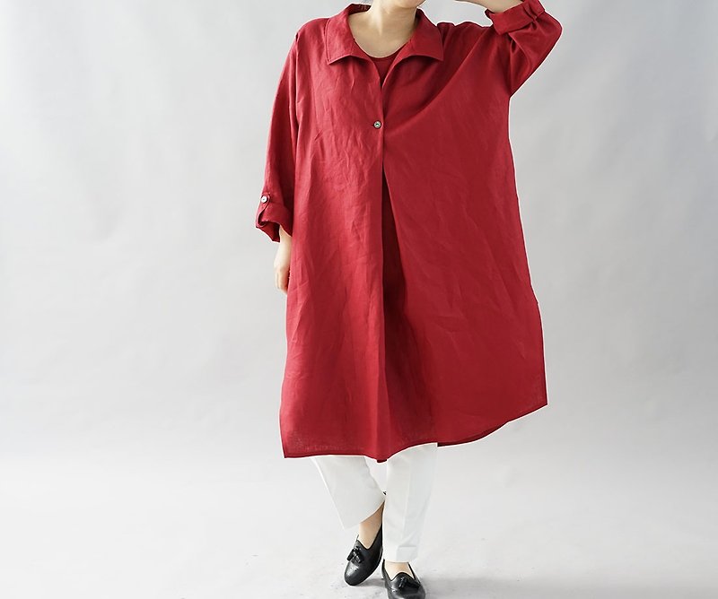 【wafu】リネンワンピース シャツ 襟 オフセット 重ね着風 ロールアップ ワンピース/ルビーレッド a085a-rre2 - 連身裙 - 棉．麻 紅色