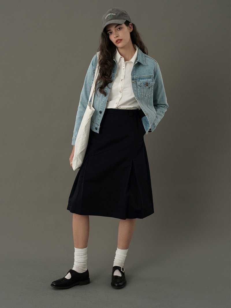 ECRU SOLI Plain White, College Feeling Navy Mid length A-line Skirt - กระโปรง - ผ้าฝ้าย/ผ้าลินิน หลากหลายสี