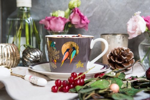 Portmeirion Sara Miller Chelsea愛情鳥系列-200ML杯盤組(深灰)