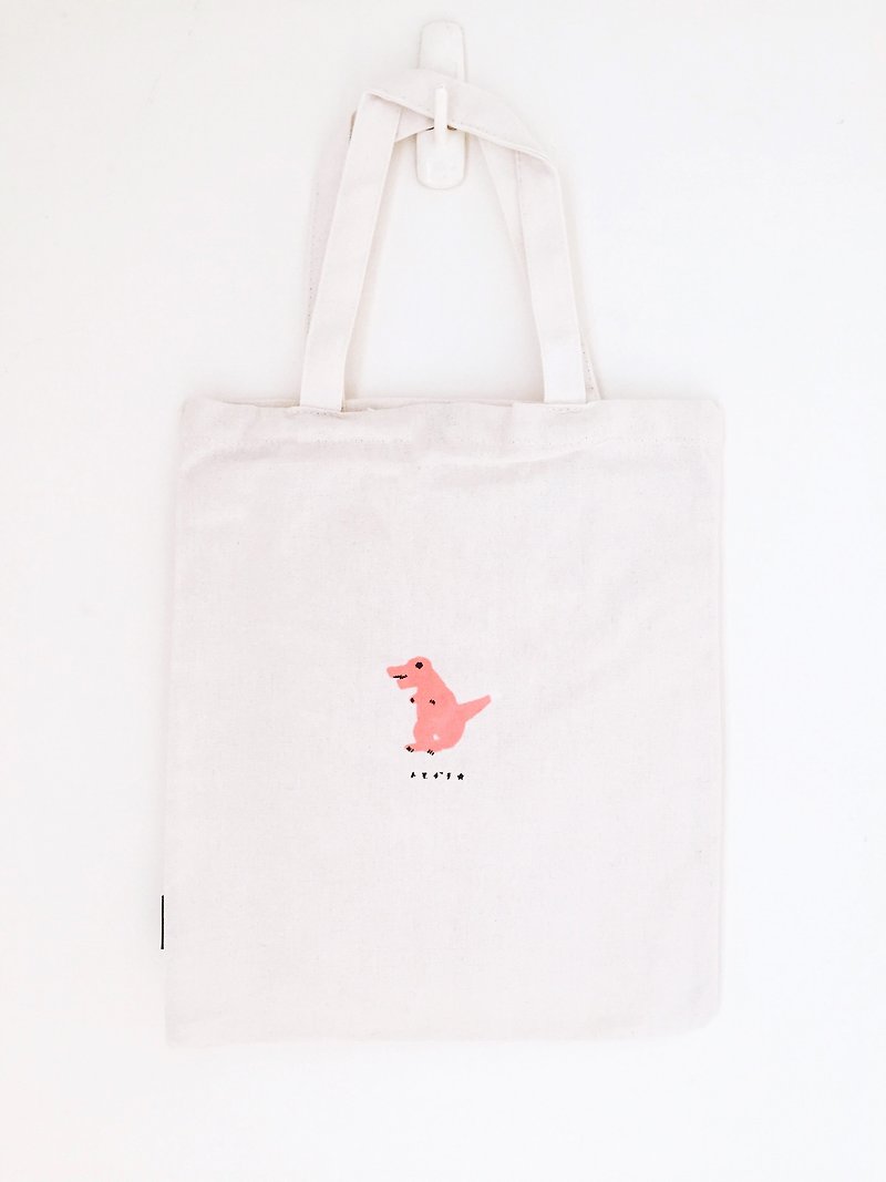 Small dinosaur friend handmade silk canvas bag * powder - กระเป๋าถือ - ผ้าฝ้าย/ผ้าลินิน ขาว