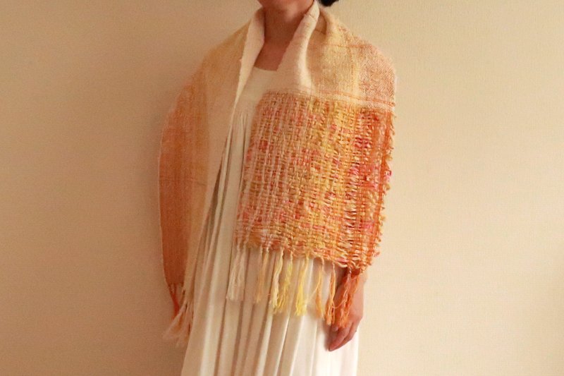 手織りストール　リネンコットン　Sun　タペストリー　ギフト　Shawl (S) 82　母親節　禮物　生日禮物 - 絲巾 - 棉．麻 橘色