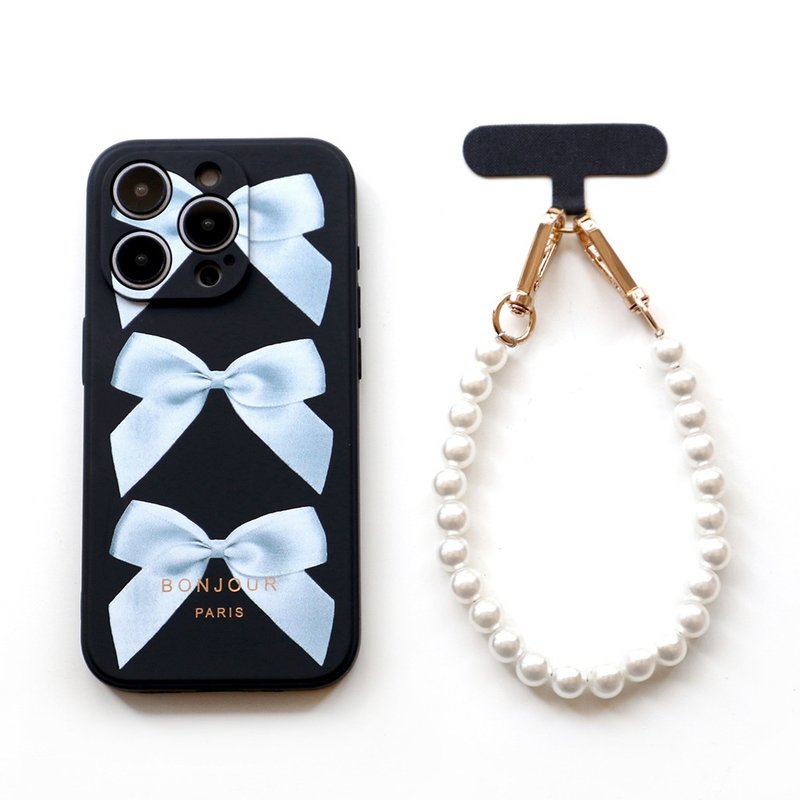 iPhone16/15/14/13/12 small Paris bow pearl chain mobile phone case - เคส/ซองมือถือ - พลาสติก สีดำ