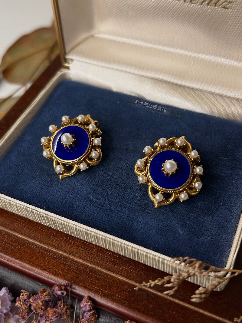 Florenza royal blue enamel pearl earrings - Earrings & Clip-ons - Other Metals Blue