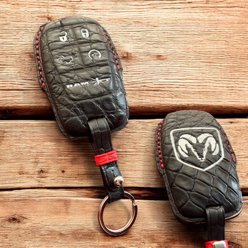 Dodge RAM car key leather case cover, Crocodile skin, Dodge fob cover - Keychains - Genuine Leather Red