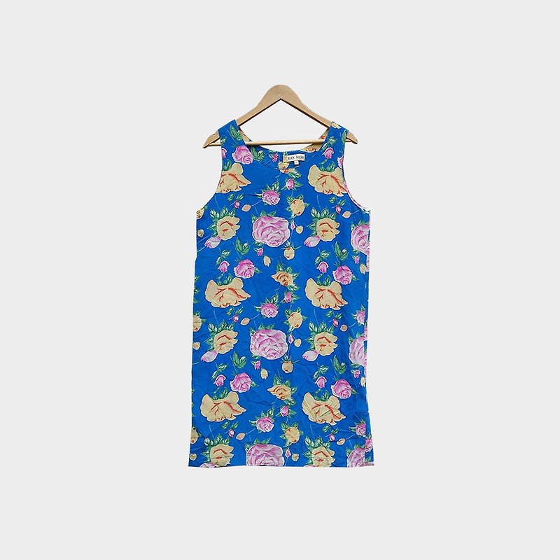 Vintage floral sleeveless short dress - ชุดเดรส - เส้นใยสังเคราะห์ สีน้ำเงิน