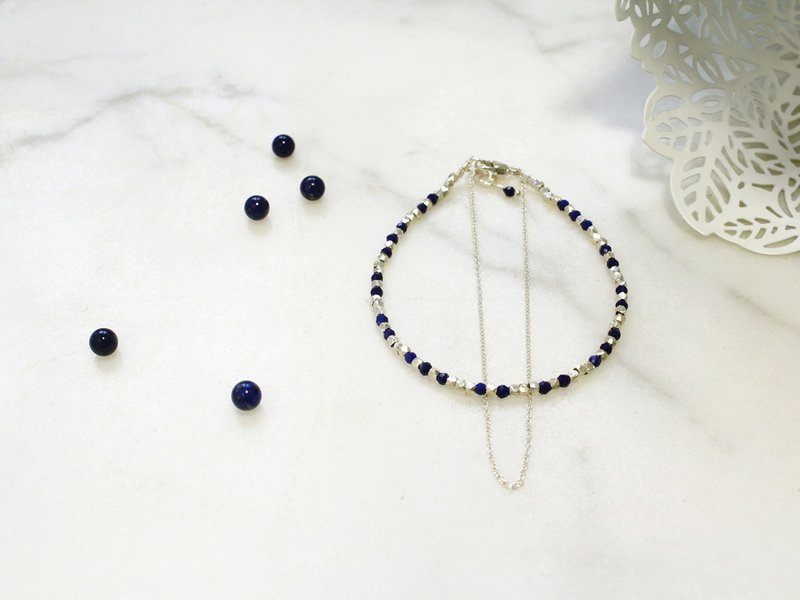 //Extremely fine: small stone Silver lapis lazuli double layer bracelet// S925 sterling silver natural stone crystal handmade - สร้อยข้อมือ - เงิน สีน้ำเงิน