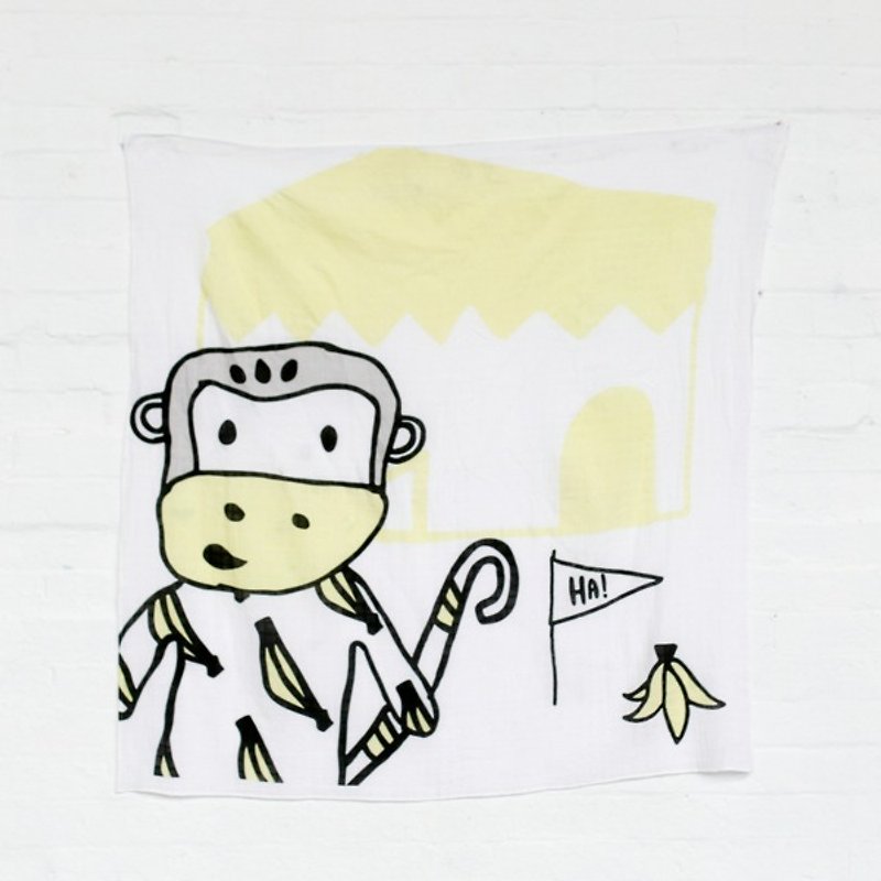 買一送一-有機棉包巾-史利特小猴 SPLITS MUSLIN - 哺乳巾 - 棉．麻 黃色