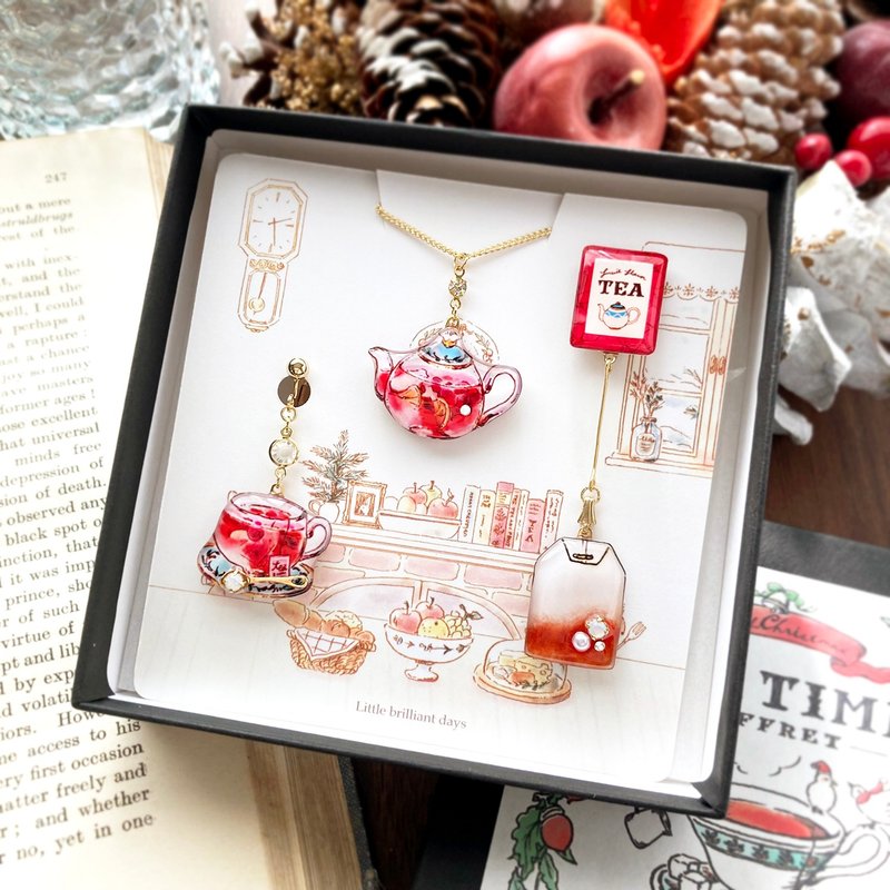 Teatime Christmas Coffret 【RoseTea】クリスマスコフレ【ローズティー】ティーカップのイヤリング・ピアスとネックレス - 耳環/耳夾/耳骨夾 - 塑膠 紅色