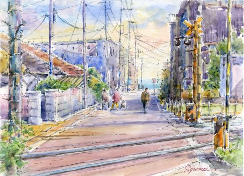 水彩画原画 江ノ電踏切風景・稲村ヶ崎 - ショップ 松下勝明 ポスター