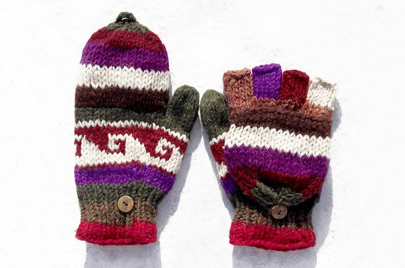 Christmas gift ideas gift exchange gift limited a hand-woven pure wool knit gloves / detachable gloves / bristle gloves / warm gloves (made in nepal) - Spanish fun color hit the sea totem - ถุงมือ - ขนแกะ หลากหลายสี