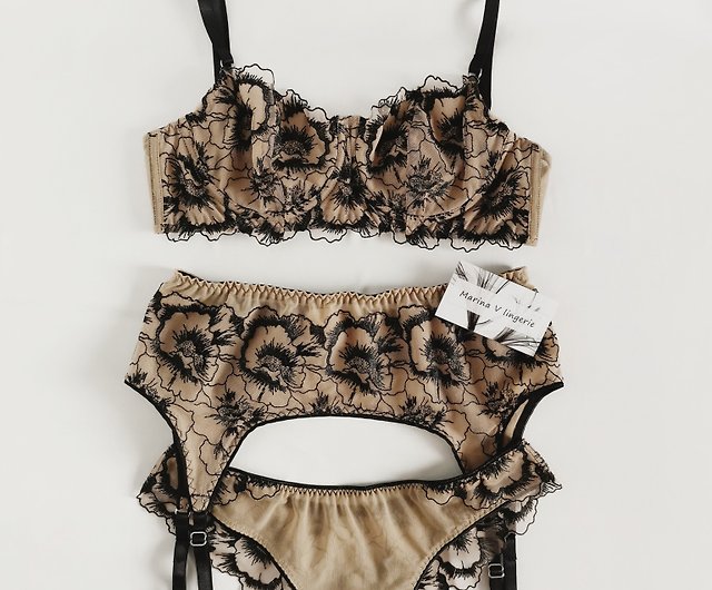 Floral lace lingerie set - Balconette bra, panty, garter belt - Lace  underwear - 設計館Marina V Lingerie 女內衣褲- Pinkoi