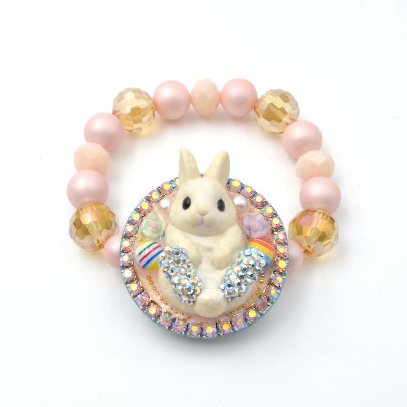 Three-dimensional white rabbit beaded rubber band bracelet with crystal decoration lace shell pearl original design - สร้อยข้อมือ - วัสดุอื่นๆ ขาว