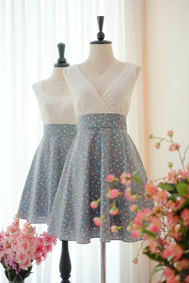 Dusty Blue Floral Sundress Spring Summer Tea Dress Vintage Inspired - 洋裝/連身裙 - 其他材質 藍色