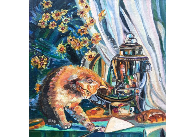原創畫 Funny Red Cat  Painting  Original Art  Oil Painting  Oil On Canvas - 壁貼/牆壁裝飾 - 其他材質 綠色