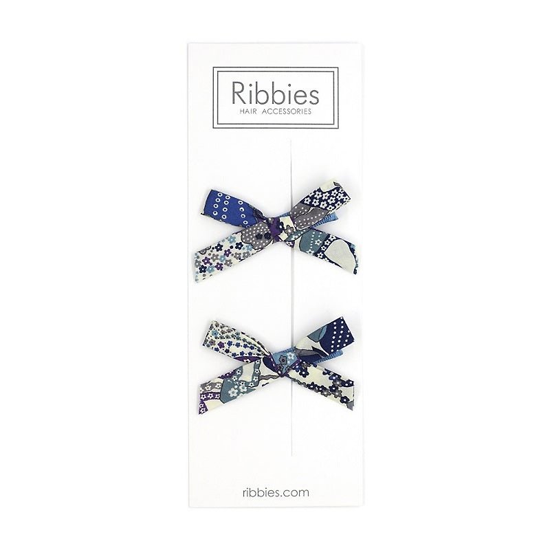British Ribbies 花柄生地のリボン 2 個セット -パープルとブルー - ヘアアクセサリー - ポリエステル 