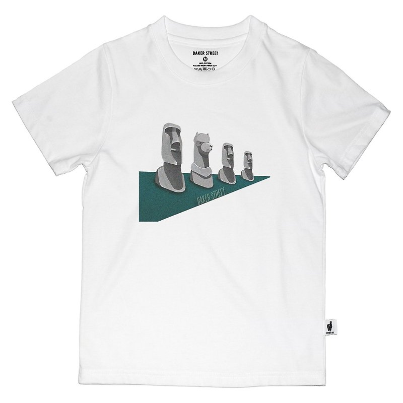 British Fashion Brand -Baker Street- Moai Alpaca Printed T-shirt for Kids - เสื้อยืด - ผ้าฝ้าย/ผ้าลินิน ขาว