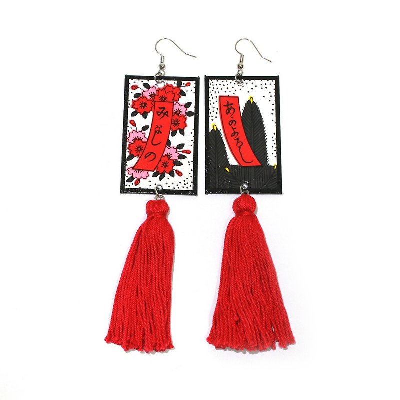 Hanafuda earrings / red ribbon