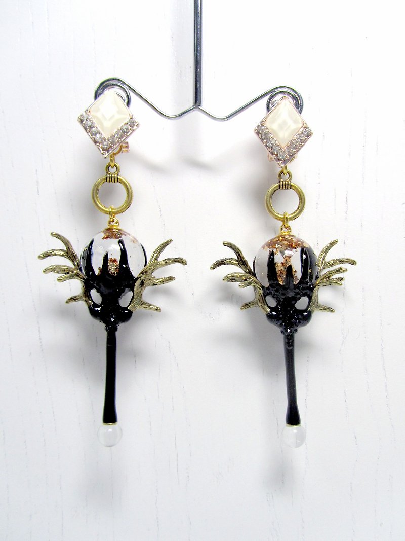 TIMBEE X OBK Black Maleficent Black Queen Magic Wand Earrings Glass Ball Gold Foil Antlers SWAROVSKI Crystal Fully Handmade CROSSOVER - Earrings & Clip-ons - Other Metals Black