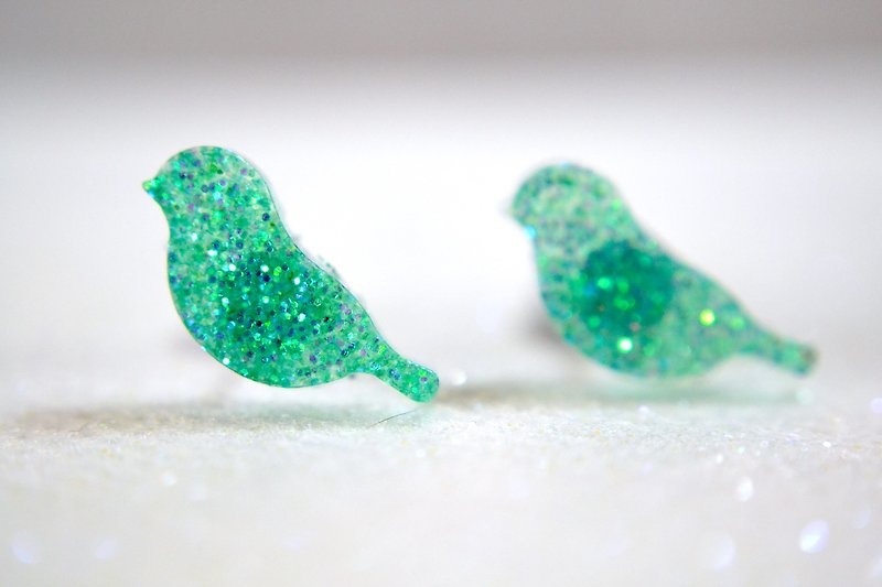 Bird Green Glitter Surgical Steel earrings  - ต่างหู - สแตนเลส สีเขียว