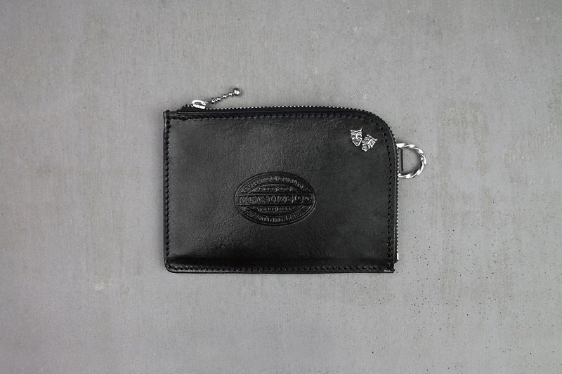 【METALIZE】鋼印皮革零錢包(純銀哭笑臉) - 銀包 - 真皮 黑色