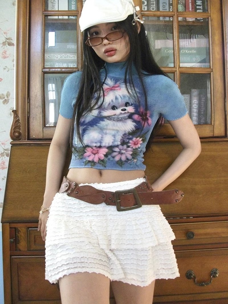 MOF禮物商店 藍灰色蝴蝶結小狗褶皺衫T恤 - 女 T 恤 - 其他材質 藍色