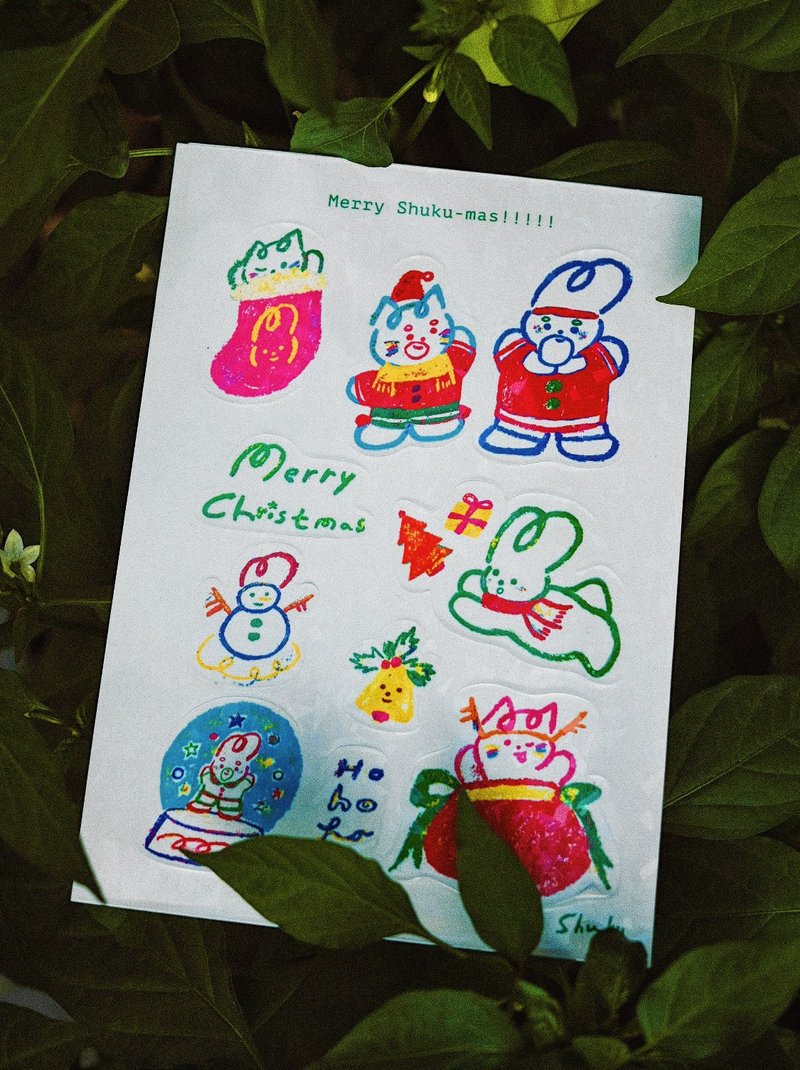 Merry Shuku Sticker Set 聖誕鐳射閃片半裁切貼紙 - 卡片/明信片 - 紙 多色