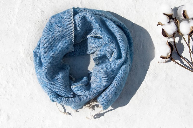 交換禮物純羊毛絲巾/手工針織圍巾/編織圍巾/純羊毛圍巾-藍地中海 - 絲巾 - 羊毛 藍色