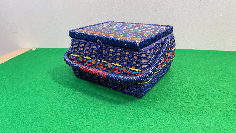 Wicker Sewing Basket, Handle and Satin Interior, Woven Style Design Sewing Box - Other Furniture - Other Materials Blue