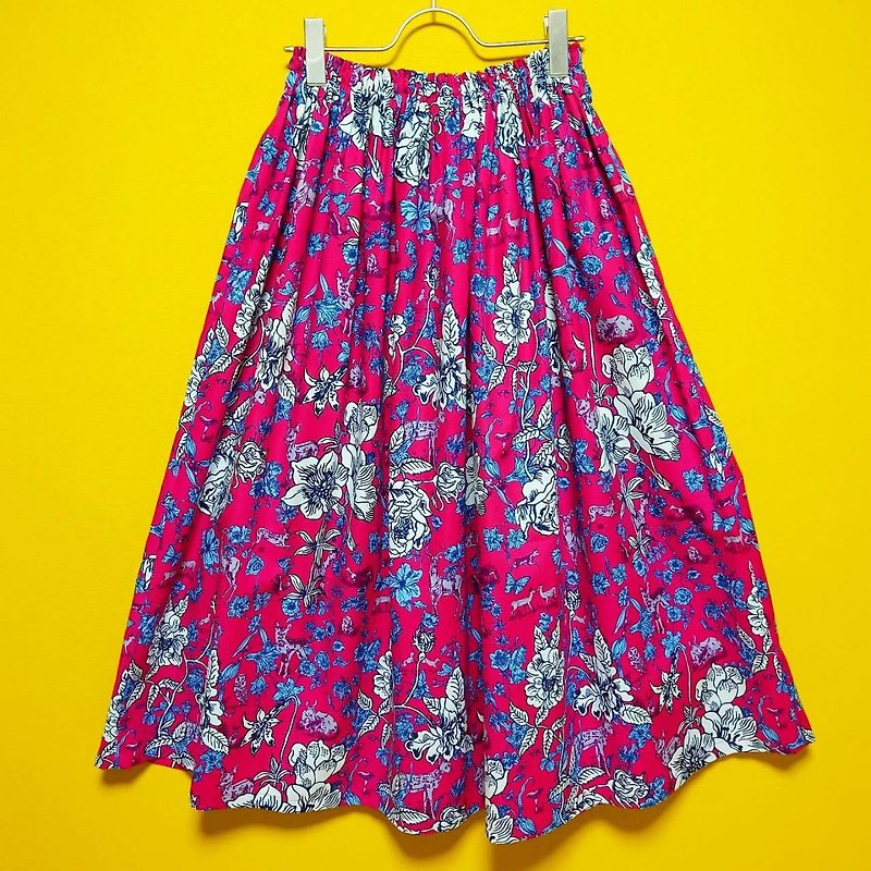 【受注制作】Nathalie Lete Animal Flower Skirt Pink / USA fabric / Free size / 日本製 - 裙子/長裙 - 棉．麻 粉紅色