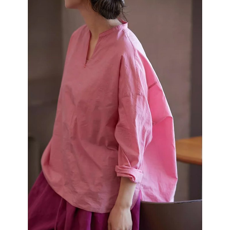 Rouge powder light breathable pullover shirt - เสื้อเชิ้ตผู้หญิง - ผ้าฝ้าย/ผ้าลินิน 