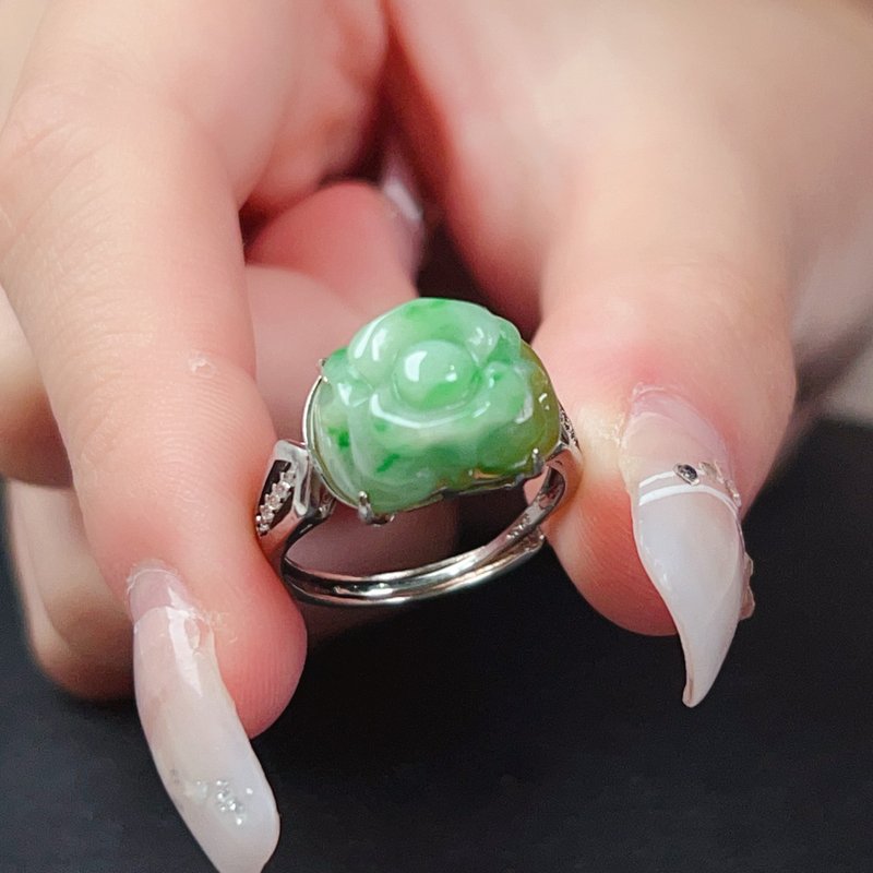 [Like jade and flowers] Floating sun green jade carved ring 925 Silver| Natural Burmese grade A jade | - General Rings - Jade Green