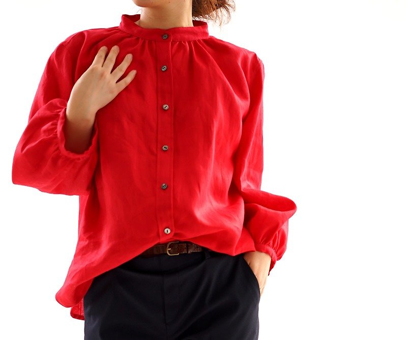 Linen Fluffy Stand Collar Shirt Tunic / Rouge b32-19 - Women's Shirts - Cotton & Hemp Red