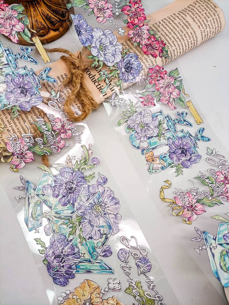 WF779水潤藍調An elegant flower/ 紙膠帶 - 紙膠帶/和紙/PET - 塑膠 多色