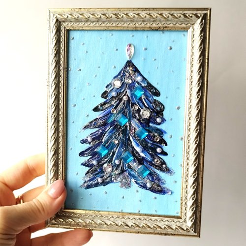 額縁クリスマスツリー　アクリル画　24㎝　原画　絵画　手描き額縁アート 絵画「クリスマスツリーC」独立スタンド付き・壁飾り・油彩画