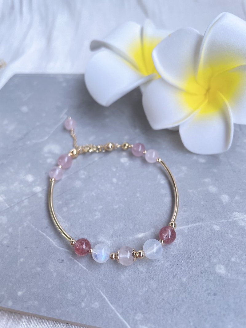Pink Hope/Moonstone X Pink Crystal X Strawberry Crystal X Stone Adjustable Bracelet Limited Time Offer - สร้อยข้อมือ - โลหะ ขาว