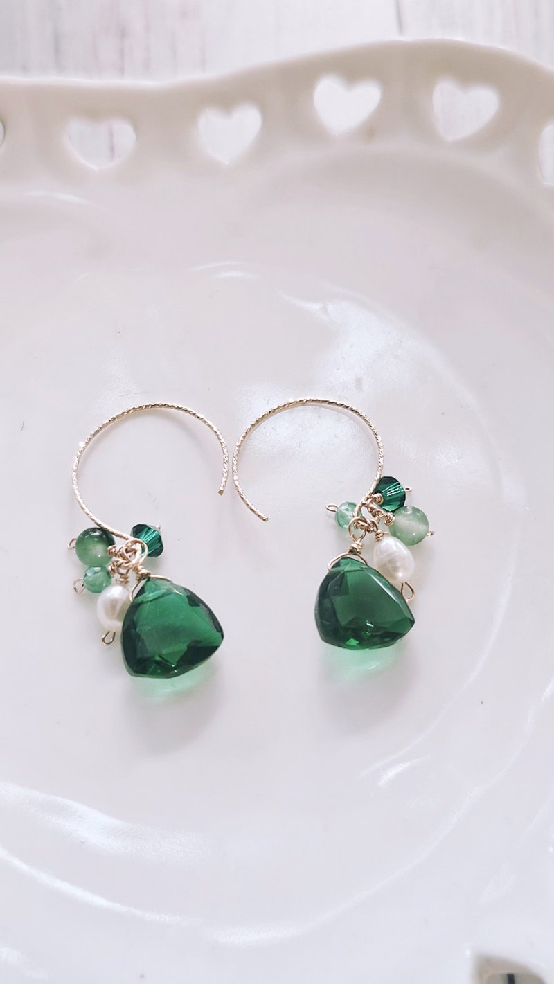 14KGF祖母綠石英石造型耳勾 可換無耳洞耳夾 - 耳環/耳夾/耳骨夾 - 其他金屬 