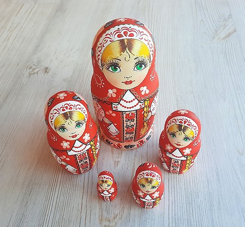 DonArtStudio Matryoshka Russian wooden red nesting dolls five pieces - handmade toy for baby