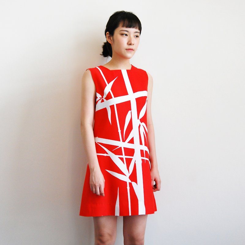 古著紅白竹林洋裝 - 洋裝/連身裙 - 其他材質 