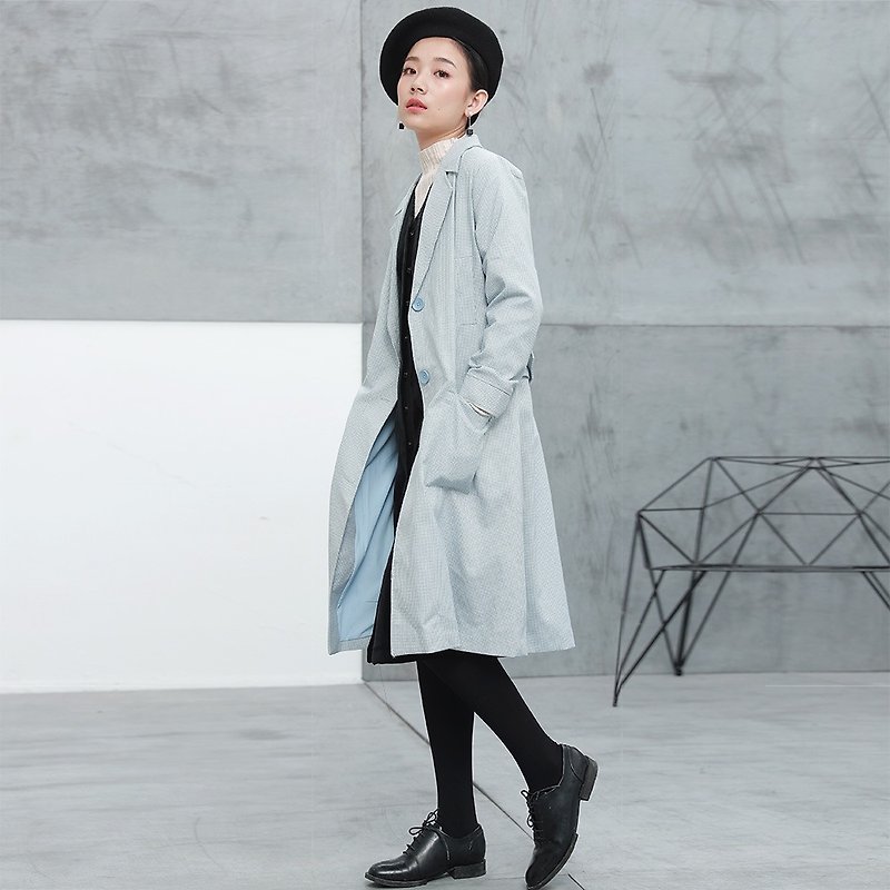安妮陳2016秋裝女裝新款大衣韓版長袖中長款風衣寬松大碼格子外套 - 女西裝外套 - 棉．麻 藍色