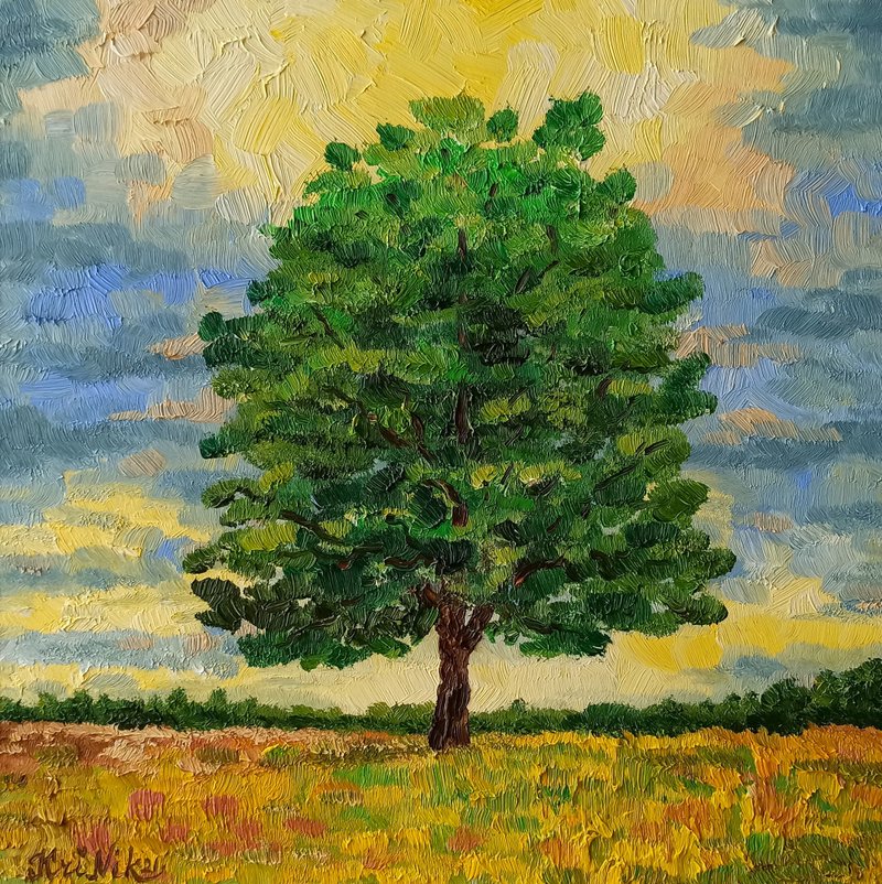Oak Tree Painting Landscape Oil Painting Original Artwork Tree of Life Art - 海報/掛畫/掛布 - 其他材質 綠色