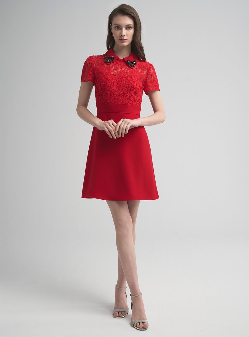 Hebe蕾絲花漾領片輕語小洋裝 - 洋裝/連身裙 - 其他人造纖維 紅色