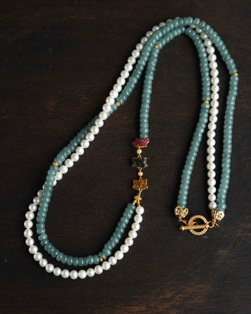 瓜地馬拉  天然原礦A貨藍水翡翠 藍水翡翠貔貅碧璽把把壺設計手串 - 項鍊 - 玉石 綠色