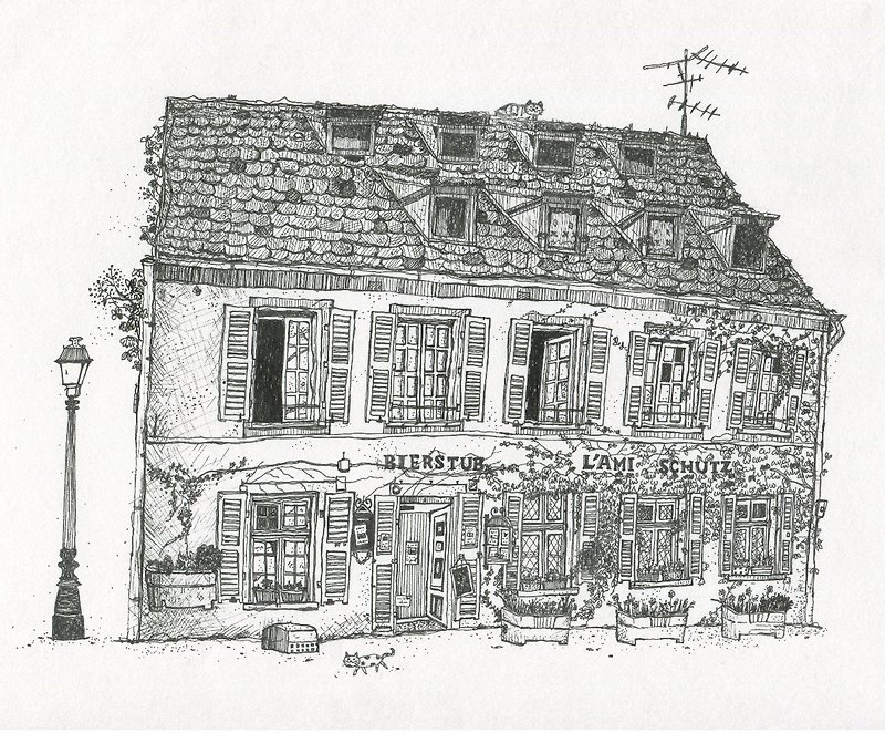 A restaurant in Strasbourg, France  (A4 size framed pen drawing) - Posters - Paper 