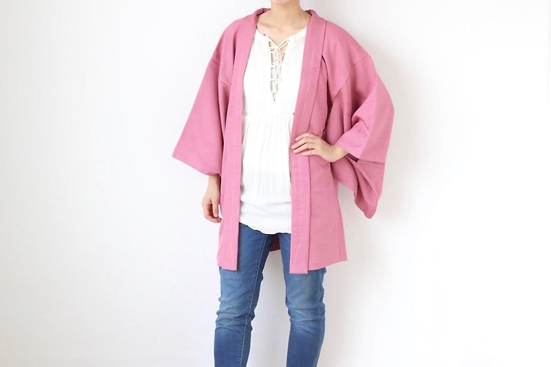 leaves kimono, EXCELLENT VINTAGE, haori, kimono, Japanese haori /2140 - Women's Casual & Functional Jackets - Polyester Pink